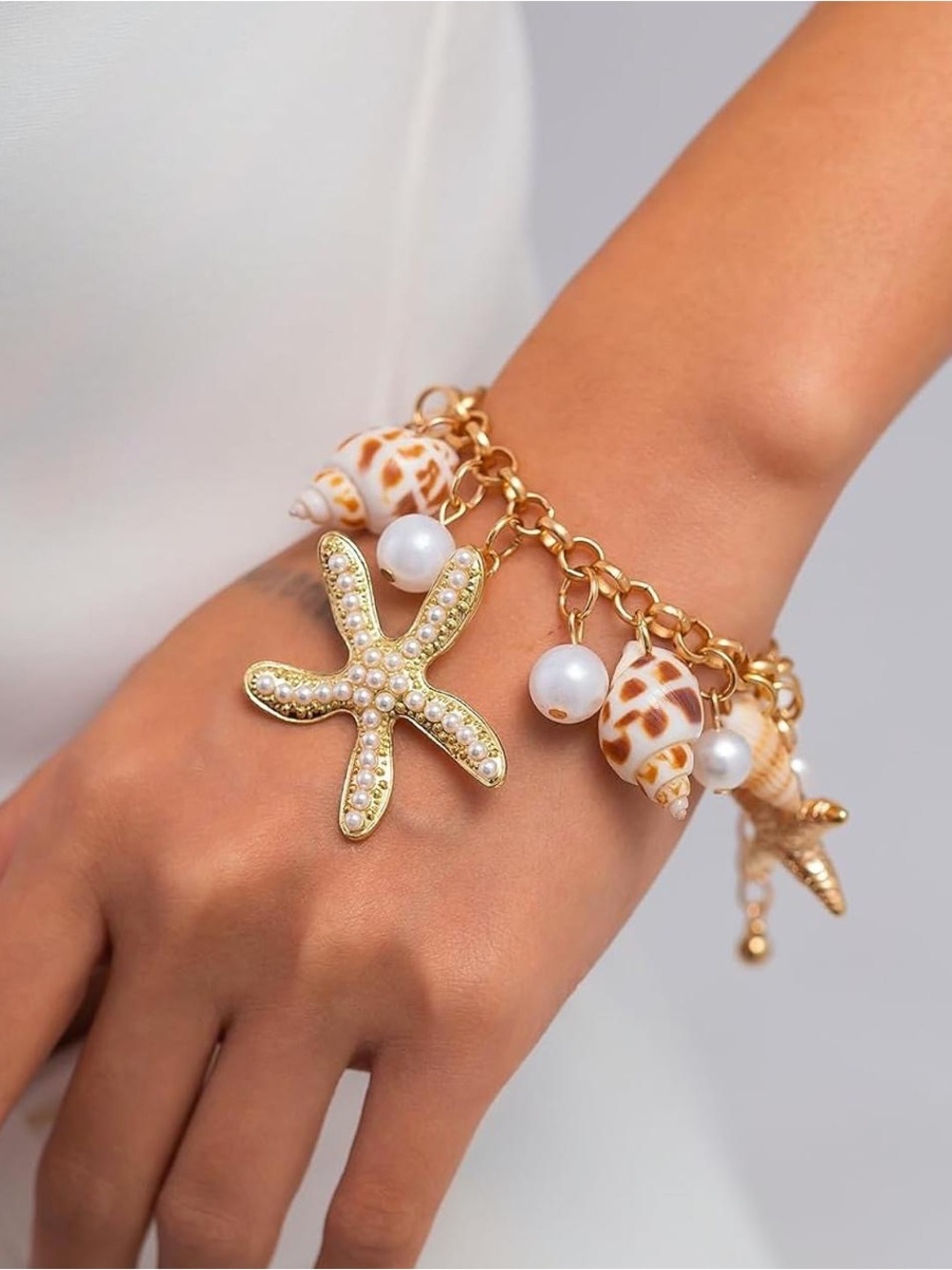 Anthropologie Gold Starfish Charm Bracelet with Pearl & Shell Accents